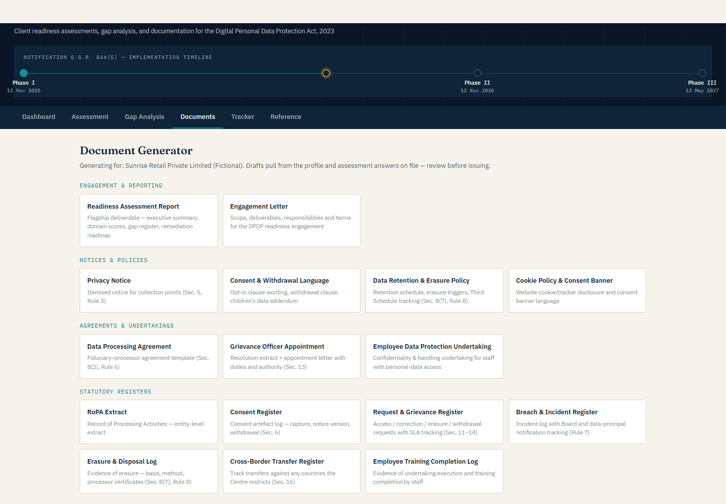 DPDP platform document generator showing draft deliverables available for a fictional organisation